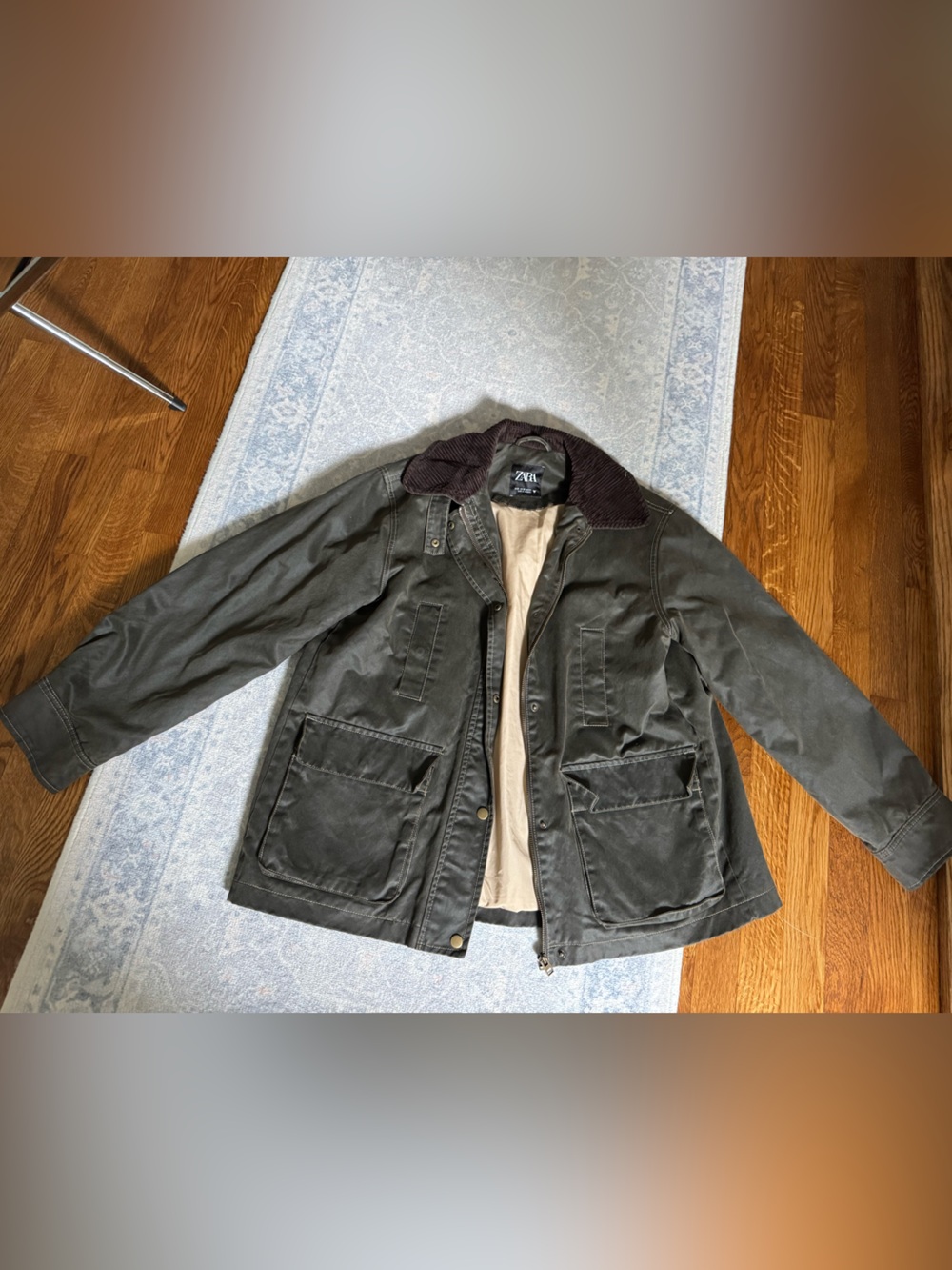 Zara Olive Green Military Field Jacket with Dark Corduroy Collar